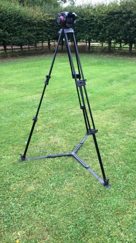 Manfrotto 504 HD Tripod head with legs, floor spreaders and pan bar in original carry bag.
