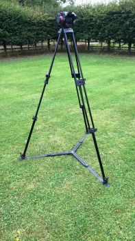 Manfrotto 504 HD Tripod head with legs, floor spreaders and pan bar in original carry bag.