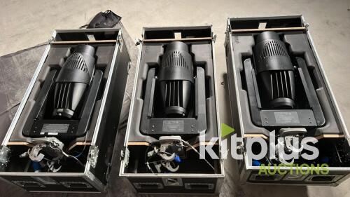 (Qty 3) VARI-LITE VL1000TS Moving spot heads in individual flight cases.