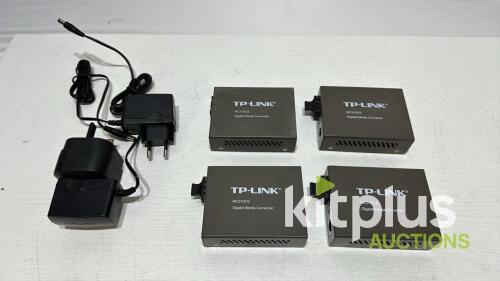 (QTY 4) TP-Link MC210CS Gigabit Media Converters with 2 power supplies shown