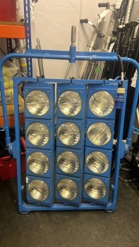 Arri Maxi brute lighting frame featuring a 12x triple bank of switched lights, adjustable movement, fitted with large spigot fitting and 3x 32amp plugs