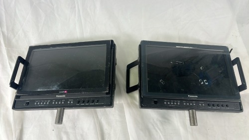 Panasonic 2x BT-LH1700WE 17" Monitors each with Screen Protectors and Sunshades. 1x with 2x Handles and Spigot in Blue Protective Carry Case