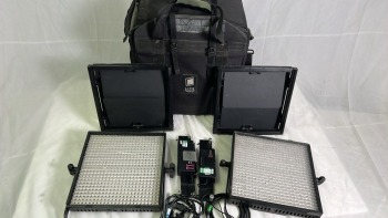 2x LitePanels LP-1x1 Bi Colour LED Panel Light C/w Barn Doors, 2 x PSU in soft bag