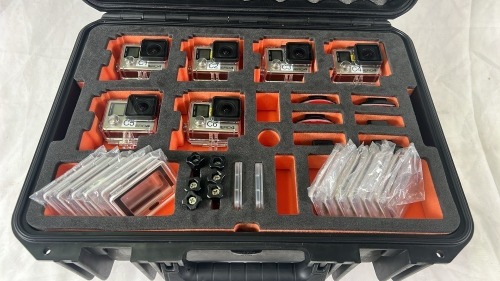 Kit of 6x GoPro Hero 4 Black, with housings, accessories, cables in custom-foamed, hard carry case