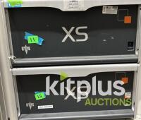 EVS DB Servers (2U & 3U), XStore Shared Storage, XS & X2 Production Servers, XFile XF2, XHub2 Network Hub, and 3000VA Riello Sentinel Dual UPS - 5