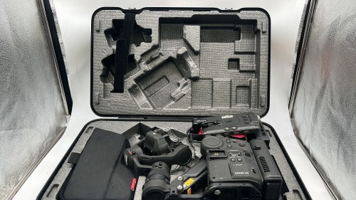 DJI Ronin 4D camera with gimbal, screen, bright remote camera monitor, 7 x batteries and 1 charger, 2 x battery v-mounts in hard case